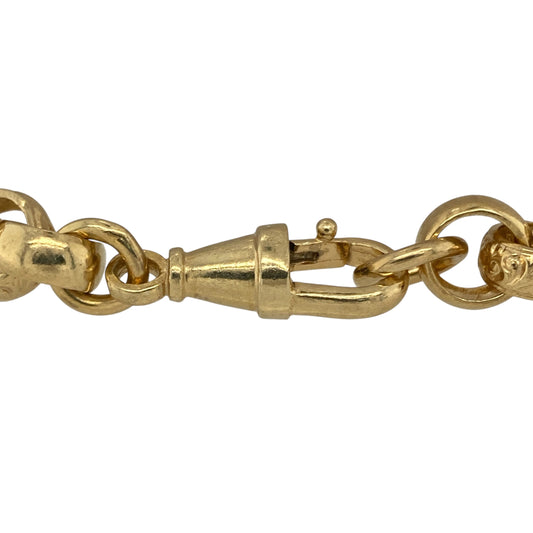 Bring rich golden tones and intricate detail to your collection with this new solid 925 silver heavily 9ct gold plated patterned gypsy link bracelet, a bold and elegant design with timeless appeal.

Design: The bracelet measures 8 inches in length with 9mm wide patterned gypsy-style links, creating a distinctive and eye-catching texture.
Material: Made from solid 925 sterling silver with a heavy 9ct gold plating, the polished finish enhances the depth of the pattern and the warmth of the gold tone.