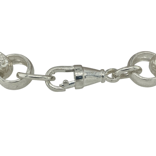 Bring bold sophistication and timeless style to your collection with this new 925 solid silver patterned belcher bracelet, a substantial design with classic appeal.

Design: The bracelet measures 9.5 inches in length with 12mm wide patterned links, creating a striking and masculine look with refined texture.
Material: Made from solid 925 sterling silver, the polished finish enhances the intricate patterning and adds a bright, lustrous shine.
