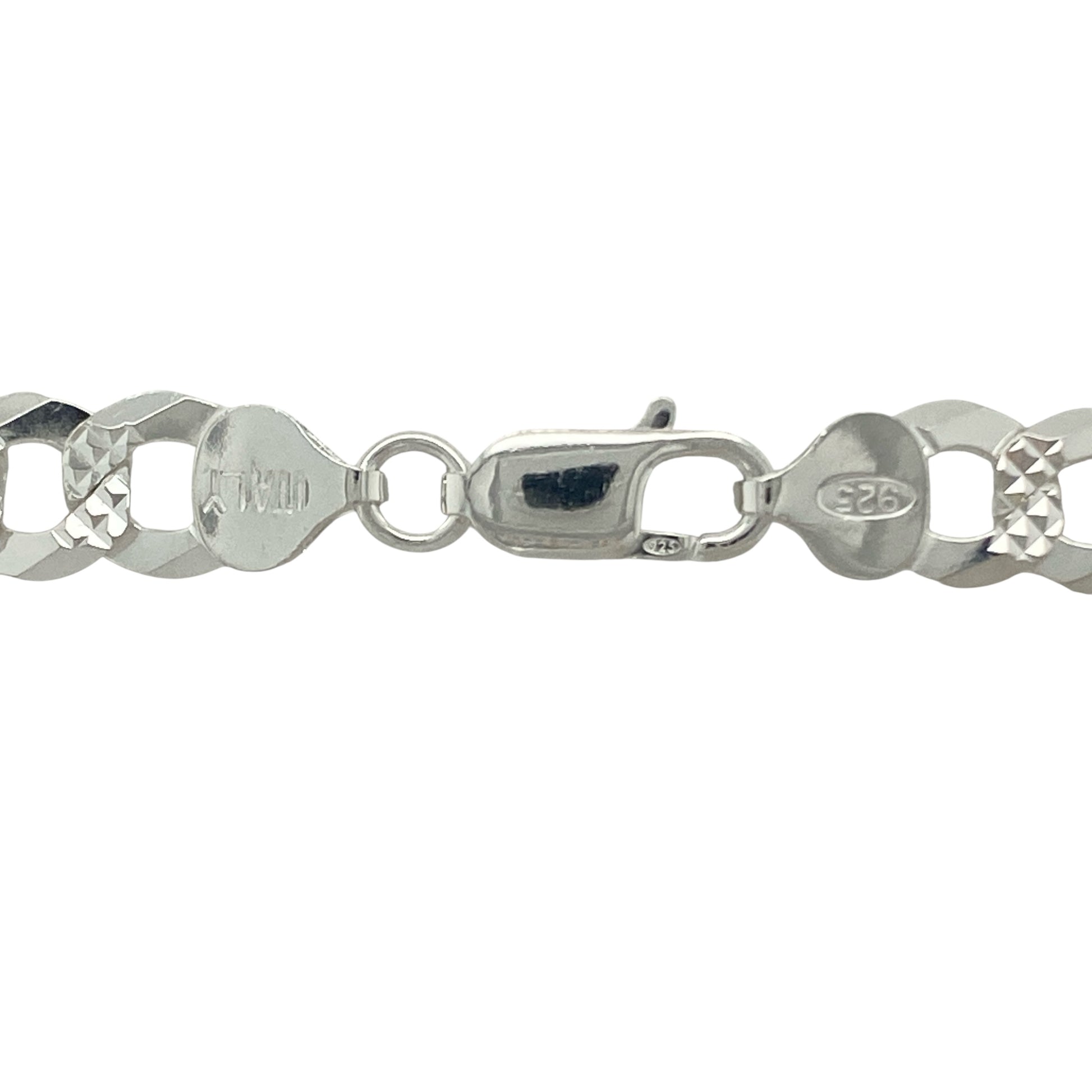 Bring bold shine and refined craftsmanship to your collection with this new 925 silver diamond cut patterned curb chain, a striking design with timeless appeal.

Design: The chain measures 24 inches in length with 9mm wide curb links featuring a diamond-cut pattern in the centre of each link on one side, creating added brilliance and texture.
Material: Made from solid 925 sterling silver, the polished finish enhances the intricate diamond-cut detailing and gives the chain a bright, eye-catching shine.