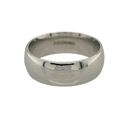 Bring classic sophistication and contemporary style to your collection with this pre-owned 9ct white gold wedding band ring—a timeless design that represents enduring love and unity.

Design: The ring features a traditional 6mm wide band with a smooth, polished finish, offering a bold yet elegant look suitable for both men and women.
Material: Made from solid 9-carat white gold, the cool, silvery tone provides a modern edge while ensuring strength and lasting shine.