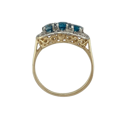 9ct Gold Diamond & Blue Topaz Set Trilogy Cluster Ring