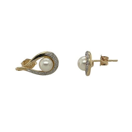 9ct Gold Diamond & Pearl Set Swirl Stud Earrings