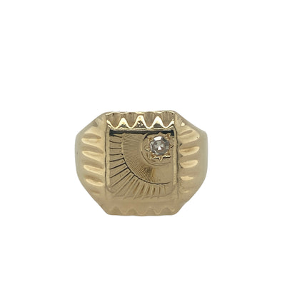 Add bold sophistication and refined sparkle to your collection with this pre-owned 9ct yellow gold diamond set signet ring, combining classic design with a luxurious finish—perfect for everyday wear or special occasions.

Design: The ring features a broad 16mm front adorned with diamond detailing, adding subtle brilliance while maintaining the strong, traditional profile of a signet ring.
