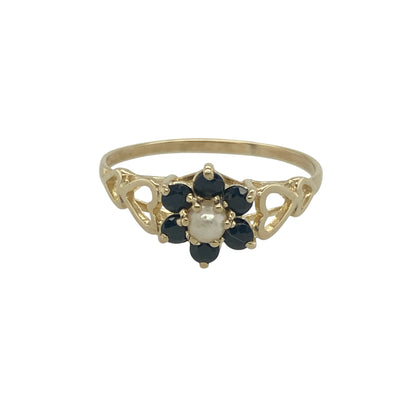 9ct Gold Sapphire & Pearl Set Flower Cluster Ring