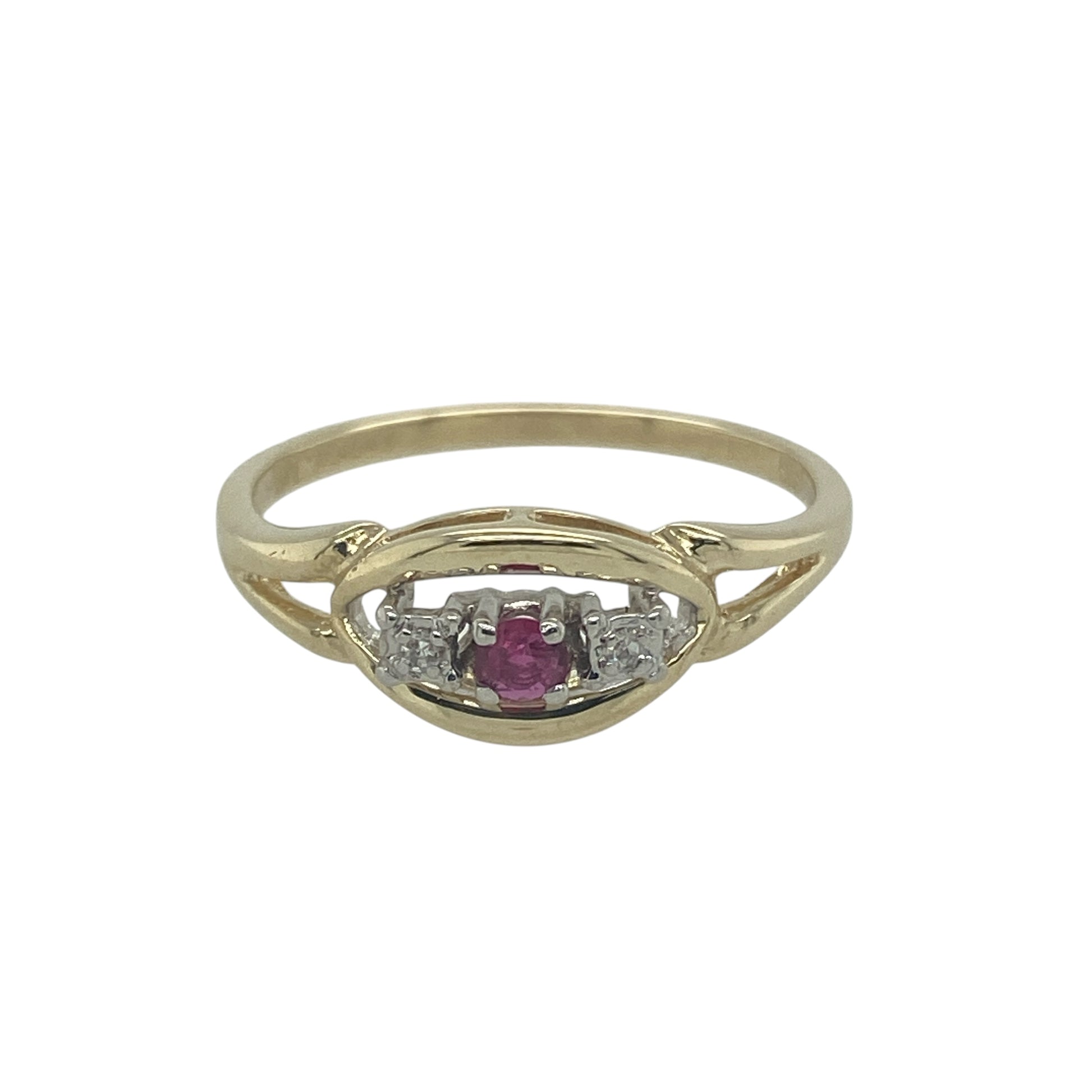 9ct Gold Diamond & Ruby Set Trilogy Open Weave Ring