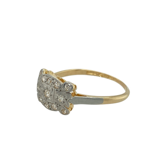 Add vintage glamour and timeless elegance to your collection with this pre-owned 18ct yellow gold and platinum diamond set Art Deco style ring—a sophisticated piece inspired by the bold geometry and sparkle of the 1920s.

Design: The ring features an intricate Art Deco style setting adorned with shimmering diamonds, with the front of the ring measuring approximately 8mm high for a striking, elegant profile.
