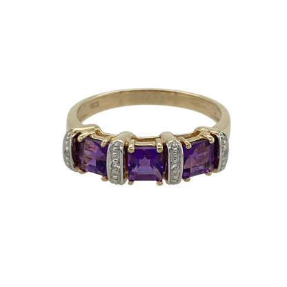 9ct Gold Diamond & Amethyst Set Band Ring