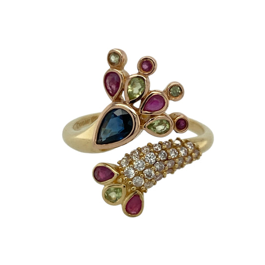 18ct Gold Diamond Ruby Peridot & Sapphire Set Peacock Clogau Ring