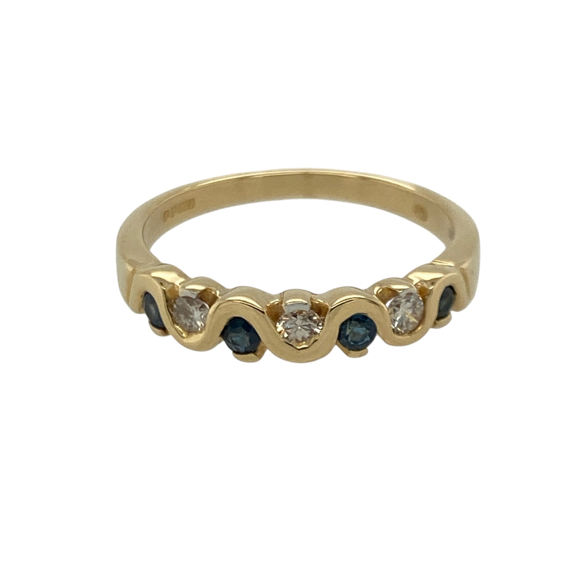 18ct Gold Diamond & Sapphire Set Wavey Setting Band Ring