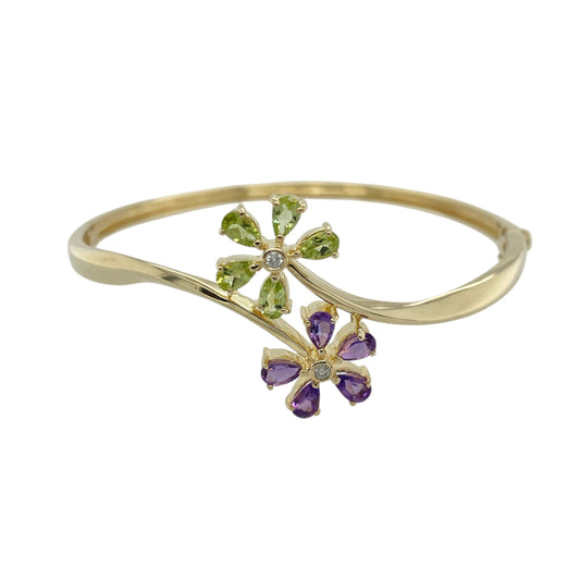9ct Gold Diamond Amethyst & Peridot Set Flower Bangle