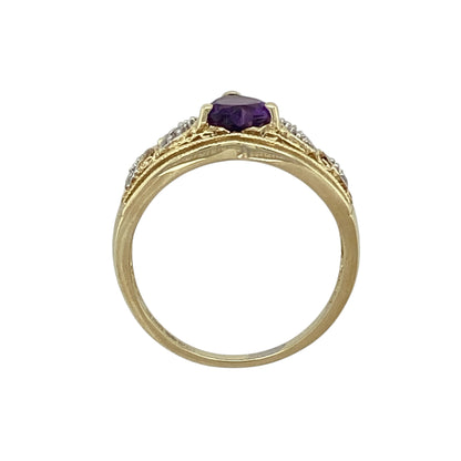 9ct Gold Diamond & Amethyst Set Wishbone Style Ring