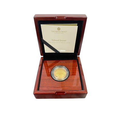 Bring historical significance and modern collectability to your collection with this 2023 UK £2 Edward Jenner Gold Proof Coin—an exceptional Royal Mint release presented in its official box with certification.

Design: One side features the definitive portrait of King Charles III, while the reverse showcases an Edward Jenner-themed design inscribed with “A Vaccine to End Smallpox”, commemorating his groundbreaking contribution to medical science.
