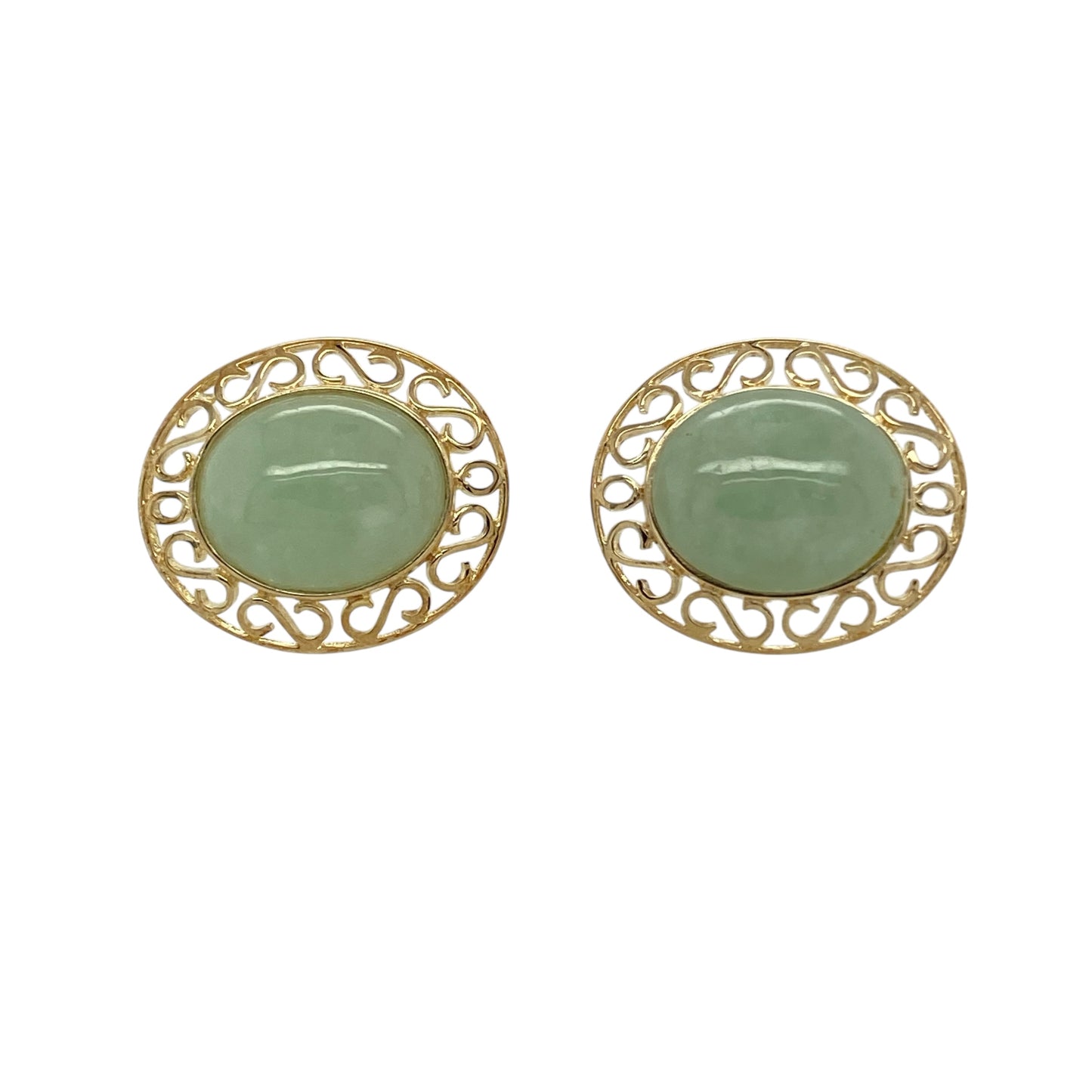Bring soft colour and elegant detail to your jewellery collection with these pre-owned 9ct yellow gold & jade set oval stud earrings, offering classic design with refined character.

Design: The earrings feature oval jade centre stones framed by an open patterned surround, creating a delicate and decorative stud style.
Material: Made from 9-carat yellow gold, the warm polished finish beautifully complements the gentle green tones of the jade.