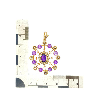 9ct Gold Amethyst & Seed Pearl Set Vintage Style Pendant