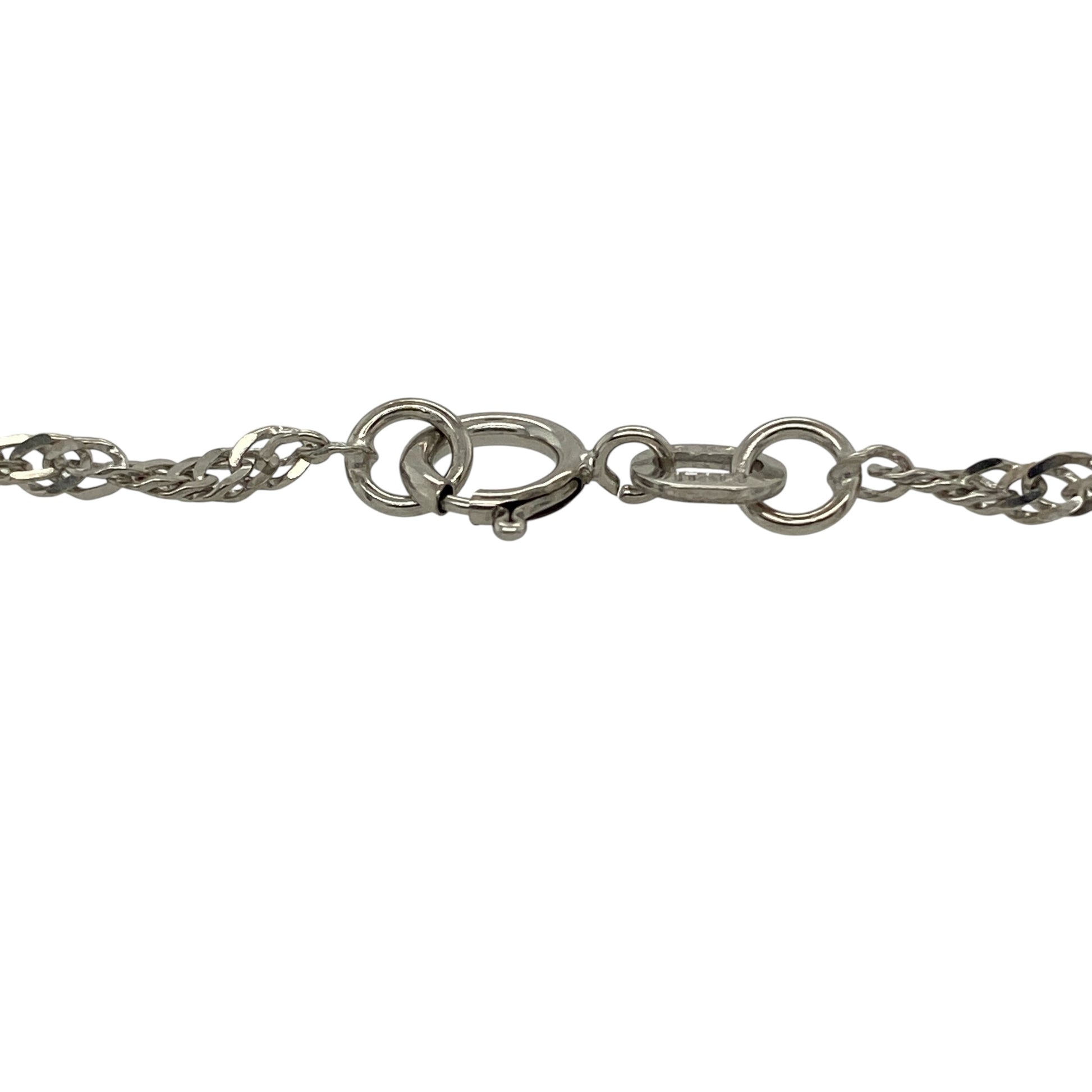 Bring delicate sparkle and timeless elegance to your jewellery collection with this pre-owned 9ct white gold Singapore bracelet, offering refined style in a lightweight design.

Design: The bracelet features a classic Singapore link pattern, known for its twisted, light-catching design that adds subtle movement and shimmer.
Material: Made from 9-carat white gold, the bright polished finish enhances the intricate links and gives the bracelet a clean, contemporary look.