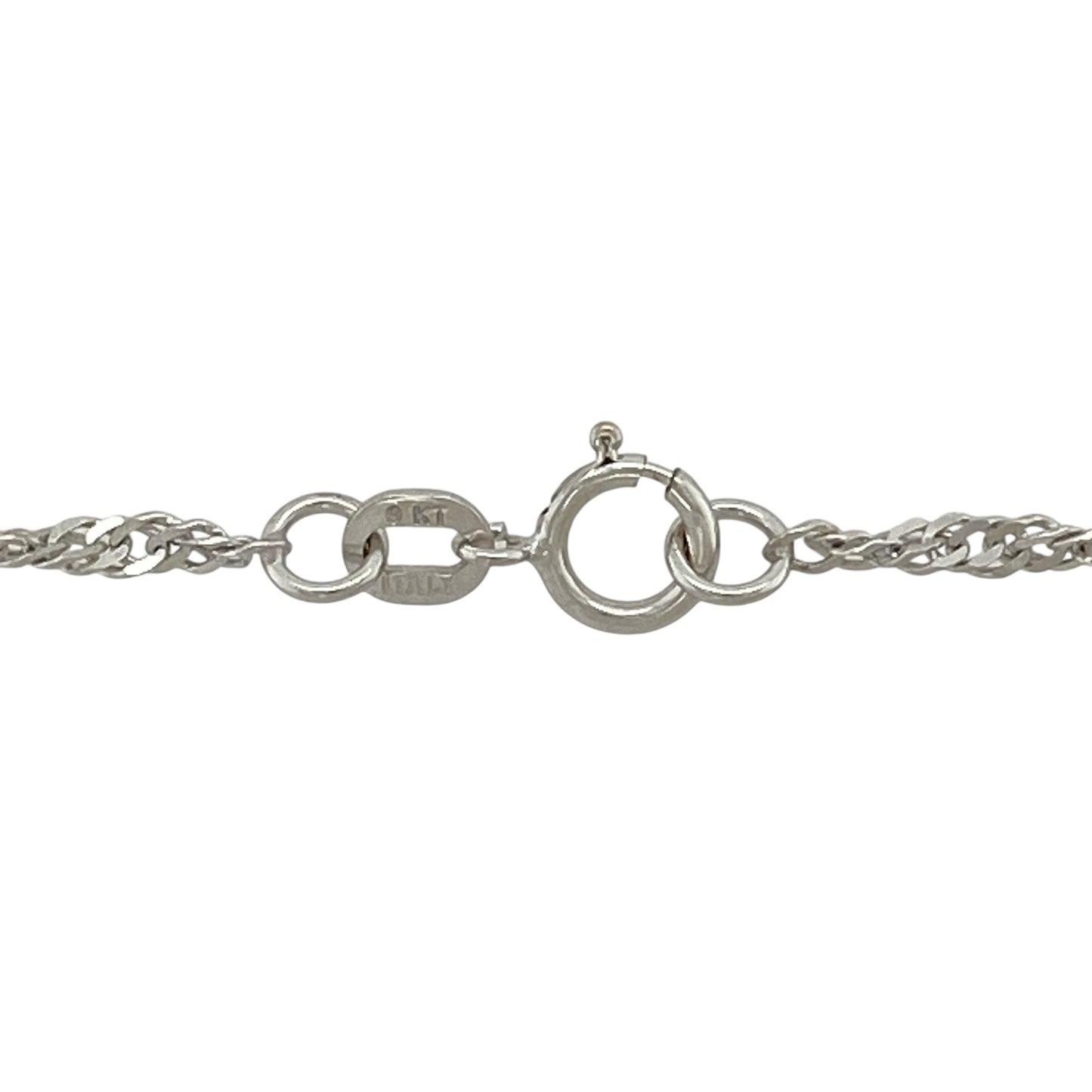 Bring elegant shimmer and timeless style to your jewellery collection with this pre-owned 9ct white gold Singapore chain, a refined choice for everyday wear.

Design: The chain features a classic Singapore link pattern, known for its twisted structure that reflects light beautifully and adds subtle movement.
Material: Made from 9-carat white gold, the bright polished finish gives the chain a clean, contemporary look.