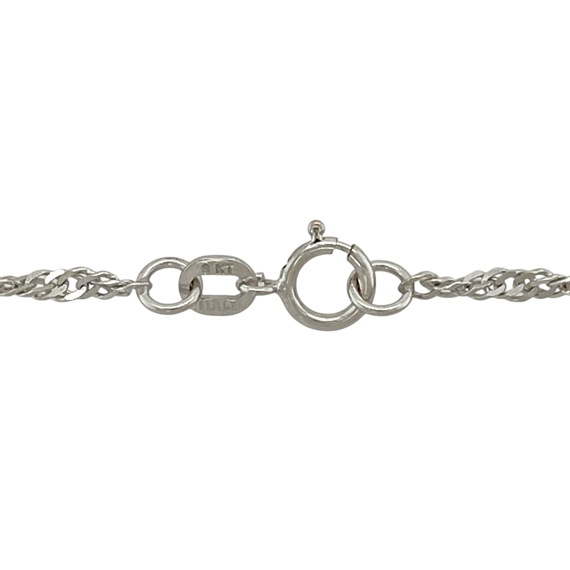 Bring elegant shimmer and timeless style to your jewellery collection with this pre-owned 9ct white gold Singapore chain, a refined choice for everyday wear.

Design: The chain features a classic Singapore link pattern, known for its twisted structure that reflects light beautifully and adds subtle movement.
Material: Made from 9-carat white gold, the bright polished finish gives the chain a clean, contemporary look.