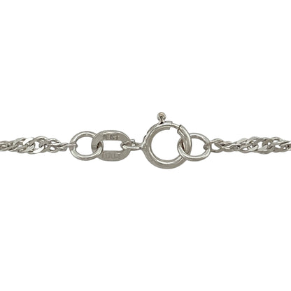 Bring elegant shimmer and timeless style to your jewellery collection with this pre-owned 9ct white gold Singapore chain, a refined choice for everyday wear.

Design: The chain features a classic Singapore link pattern, known for its twisted structure that reflects light beautifully and adds subtle movement.
Material: Made from 9-carat white gold, the bright polished finish gives the chain a clean, contemporary look.