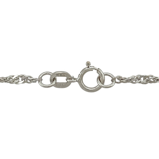 Bring elegant shimmer and timeless style to your jewellery collection with this pre-owned 9ct white gold Singapore chain, a refined choice for everyday wear.

Design: The chain features a classic Singapore link pattern, known for its twisted structure that reflects light beautifully and adds subtle movement.
Material: Made from 9-carat white gold, the bright polished finish gives the chain a clean, contemporary look.