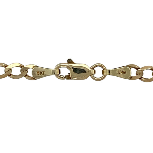 Bring timeless style and everyday wearability to your jewellery collection with this pre-owned 9ct yellow gold curb chain, a classic design that offers versatility and enduring appeal.

Design: The chain features a traditional curb link style with flat, closely interlocking links that sit smoothly against the neckline. With an approximate link width of 3mm, it provides a balanced and understated look suitable for daily wear.