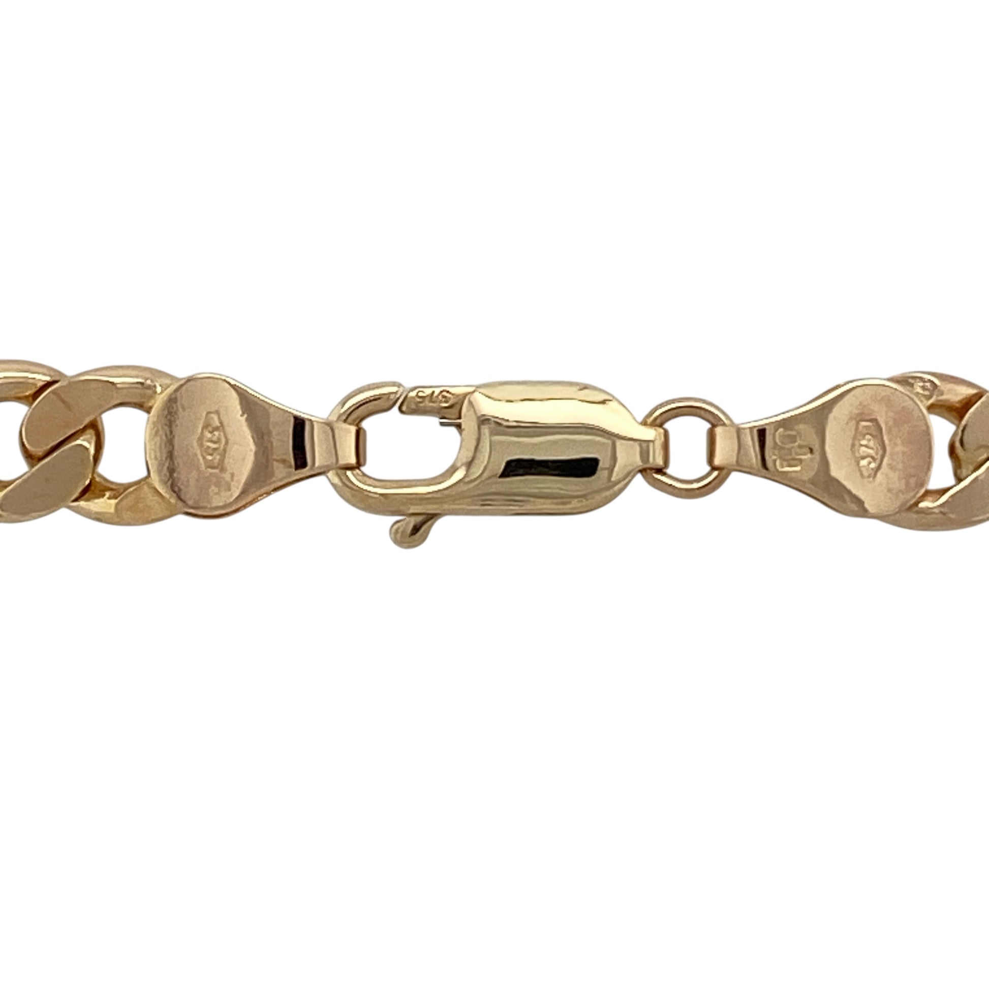 Bring bold presence and timeless strength to your jewellery collection with this pre-owned 9ct yellow solid gold curb chain, a substantial statement piece designed for confident everyday wear or standout styling.

Design: The chain features a classic curb link profile with broad, flat interlocking links that sit smoothly and securely around the neckline. With an impressive link width of approximately 6mm, it delivers a strong and commanding look.