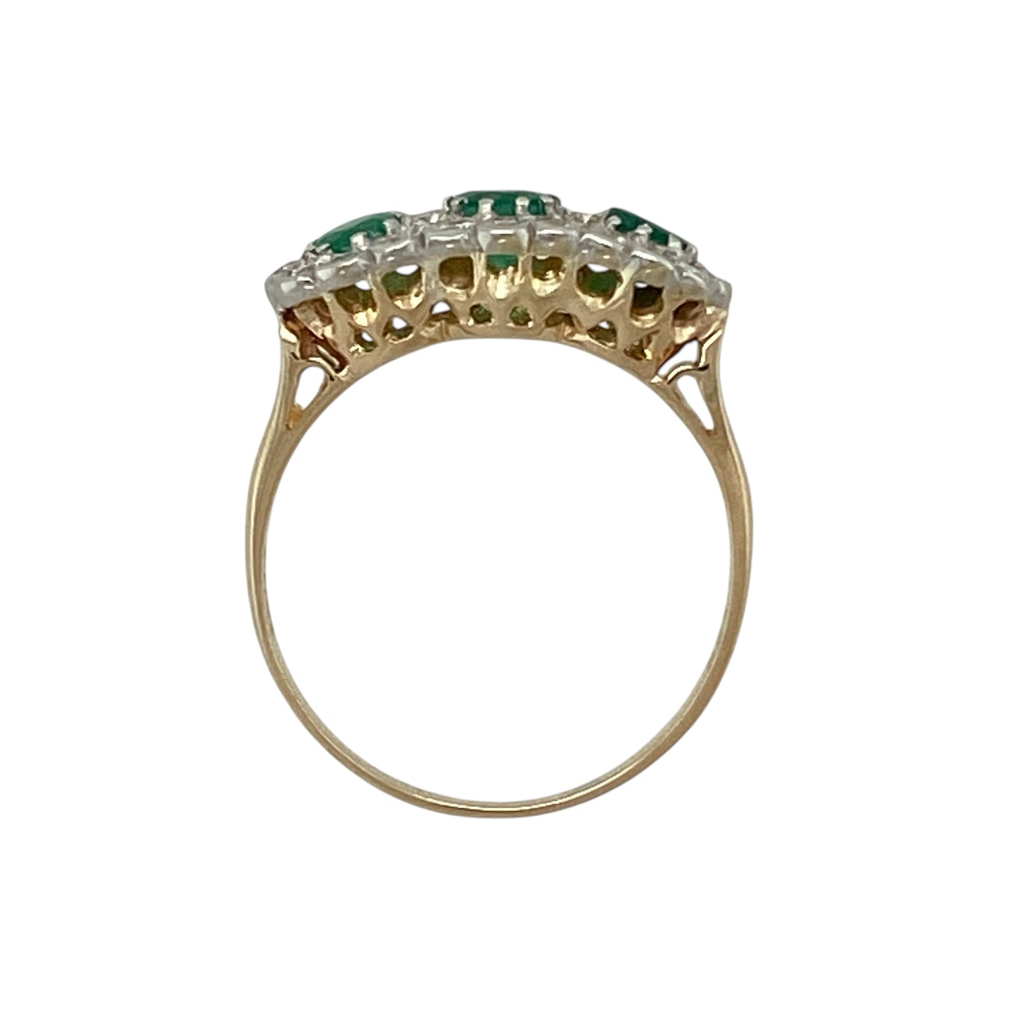 14ct Gold Diamond & Emerald Set Flower Trilogy Cluster Ring