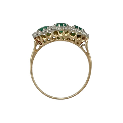 14ct Gold Diamond & Emerald Set Flower Trilogy Cluster Ring