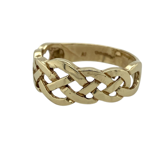 Bring timeless Celtic symbolism and classic gold style to your jewellery collection with this pre-owned 9ct yellow gold Celtic knot ring, a meaningful design with enduring appeal and everyday wearability.

Design: The ring features a traditional Celtic knot motif across the front, symbolising eternity, unity, and interconnectedness. The decorative front measures approximately 9mm in height, giving the ring a distinctive yet balanced presence.