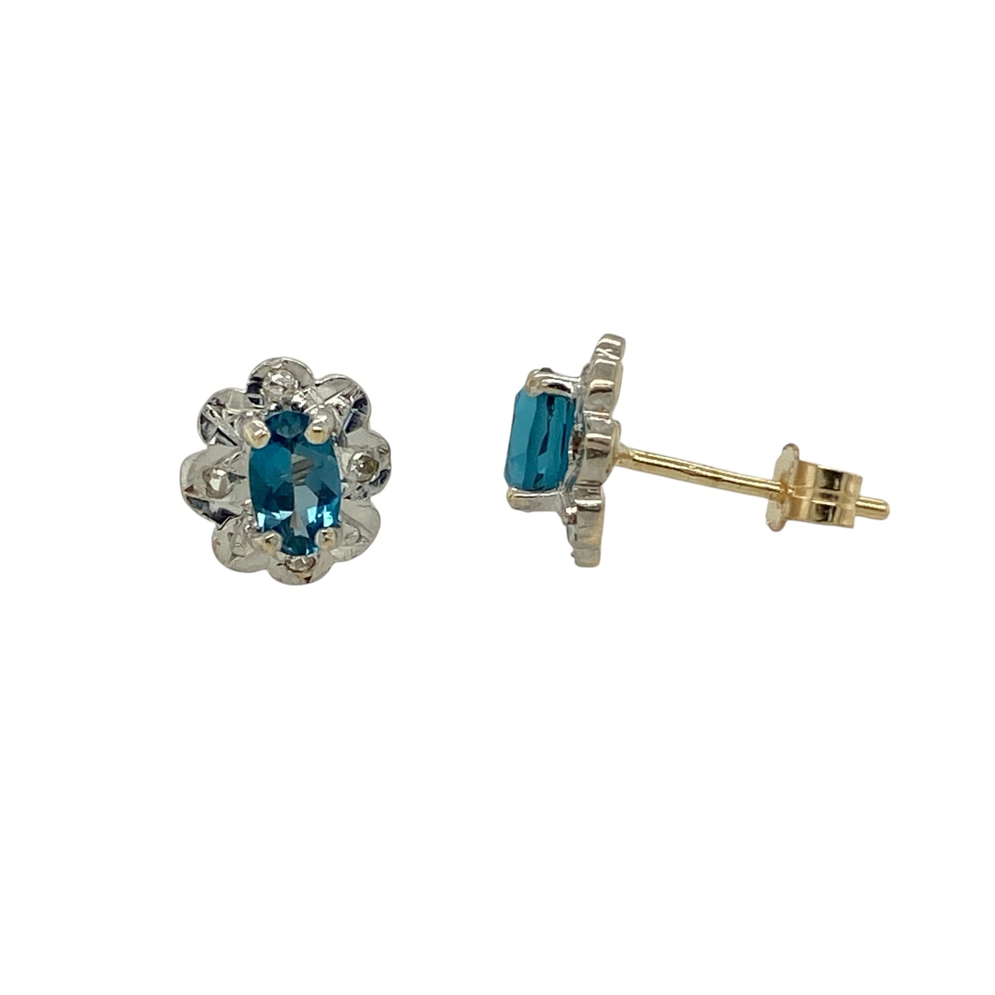 9ct Gold Diamond & Blue Topaz Set Flower Stud Earrings
