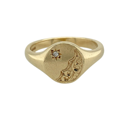 9ct Gold & Diamond Set Patterned Oval Signet Ring