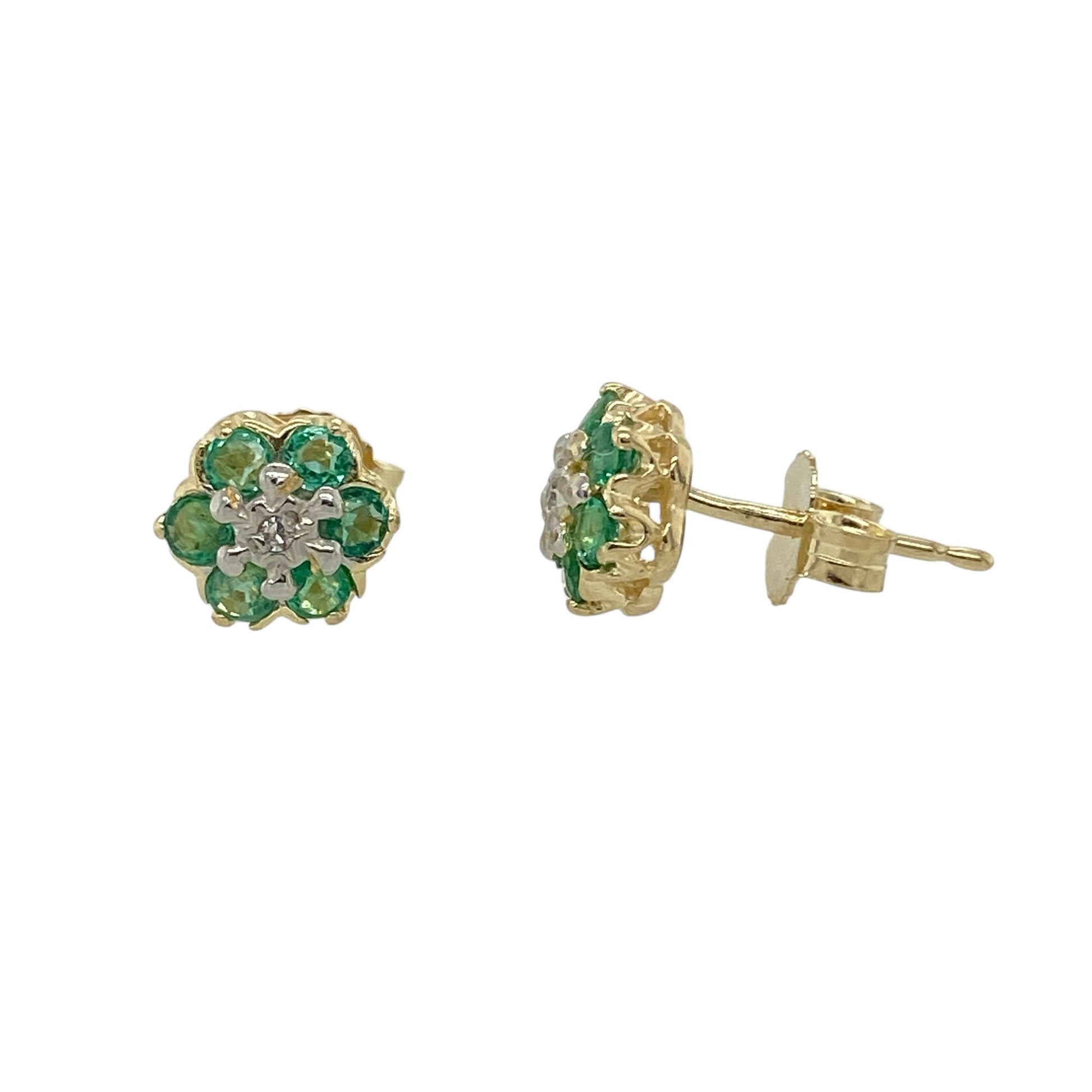 9ct Gold Diamond & Emerald Set Cluster Stud Earrings