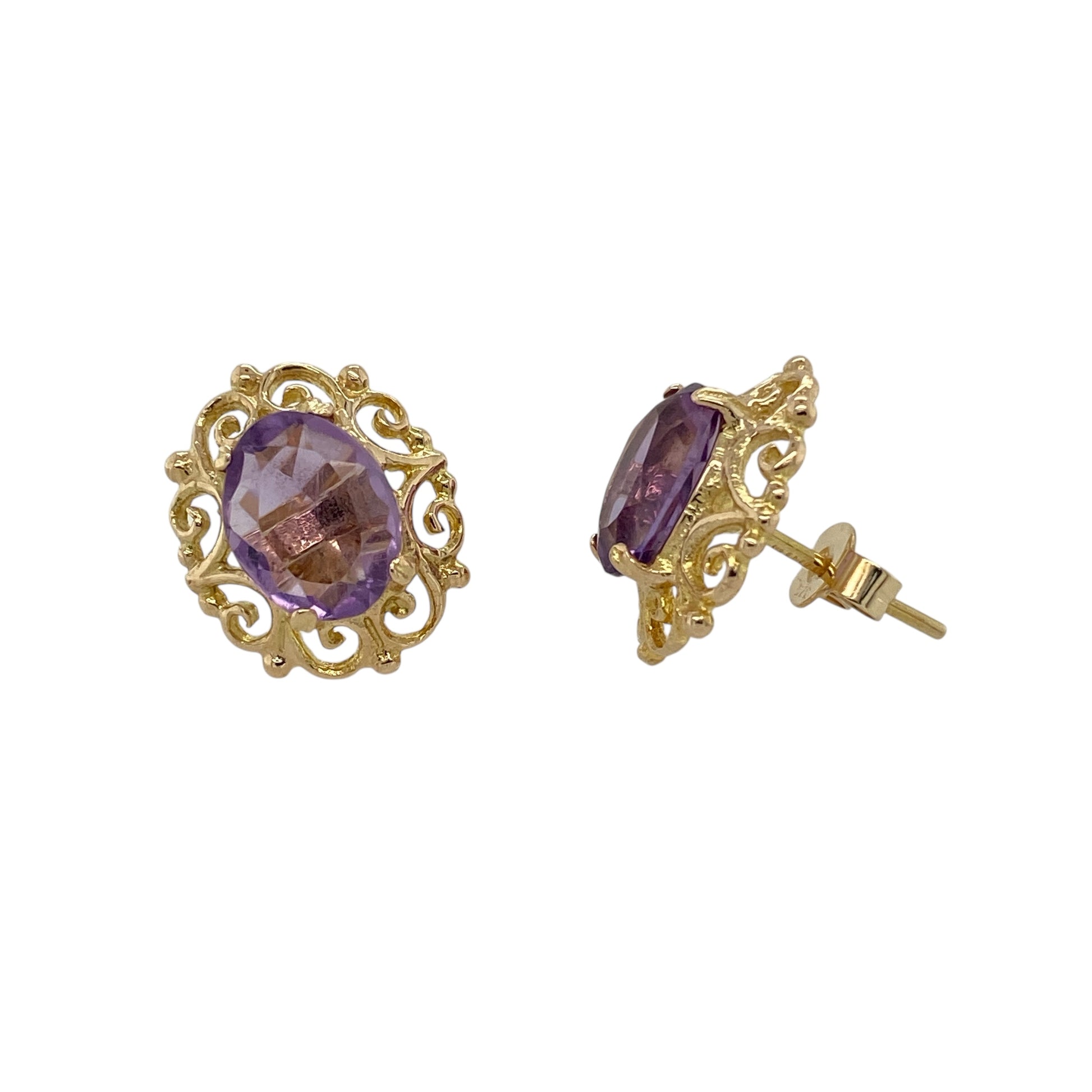 9ct Gold & Amethyst Set Fancy Scholl Patterned Stud Earrings