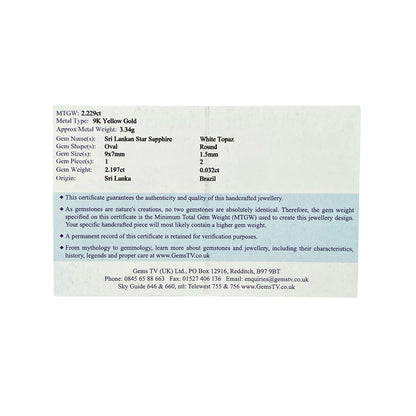 9ct Gold Sri Lankan Star Sapphire & White Topaz Set Ring