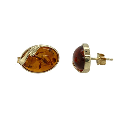 9ct Gold & Amber Oval Stud Earrings