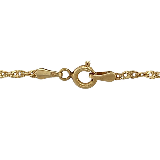 Bring elegant sparkle and everyday versatility to your jewellery collection with this pre-owned 9ct yellow gold Singapore chain, a classic design with graceful movement.

Design: This chain features the distinctive twisted Singapore link, creating a fluid, light-catching profile that adds subtle shimmer when worn.
Material: Made from 9-carat yellow gold, the warm polished finish enhances the chain’s timeless and refined appeal.