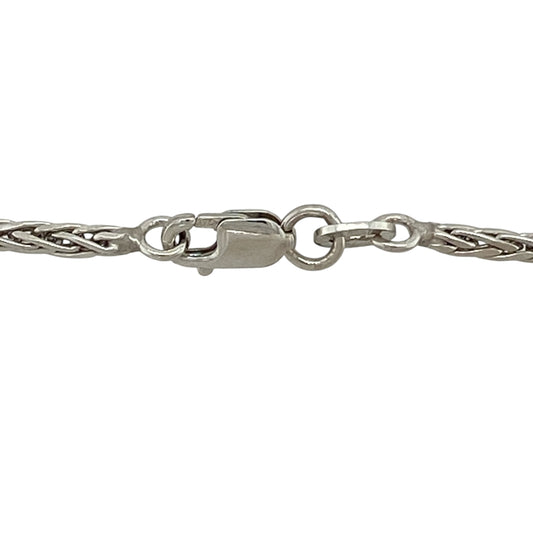 Bring refined texture and timeless elegance to your jewellery collection with this pre-owned 9ct white gold spiga chain, a classic piece with distinctive detail.

Design: This chain features the traditional spiga (wheat) link pattern, creating a beautifully woven look with subtle texture and strength.
Material: Made from 9-carat white gold, the bright polished finish enhances the intricate link design and offers a modern, versatile appeal.