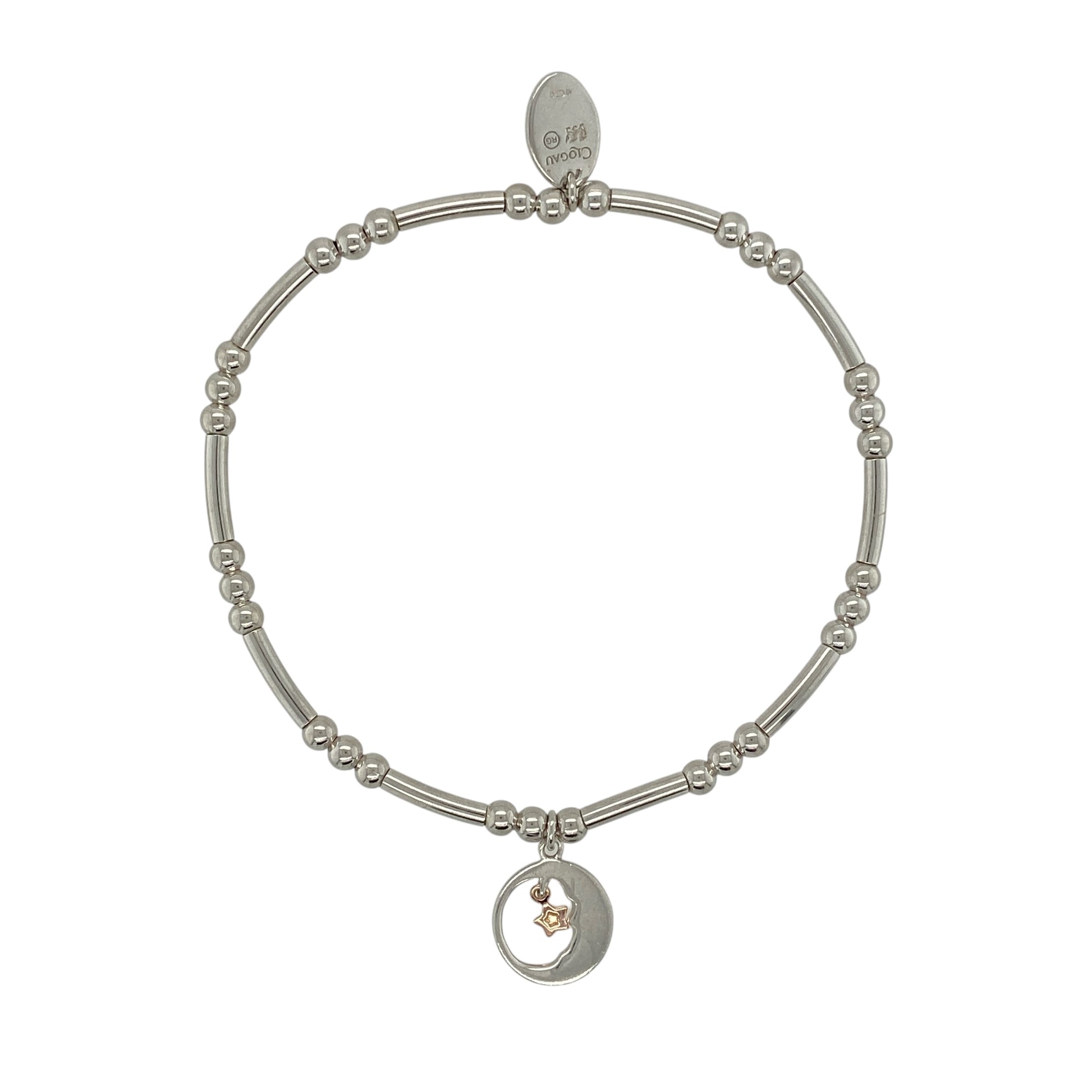 Bring celestial charm and signature Welsh style to your jewellery collection with this pre-owned 925 silver and 9ct rose gold Clogau Moon and Star Affinity stretchy beaded bracelet.

Design: The bracelet features delicate moon and star motifs, symbolising guidance, dreams, and connection, creating a subtle yet meaningful focal point.
Material: Made from sterling silver with 9-carat rose gold detailing, the contrasting tones add warmth and elegance in Clogau’s distinctive style.