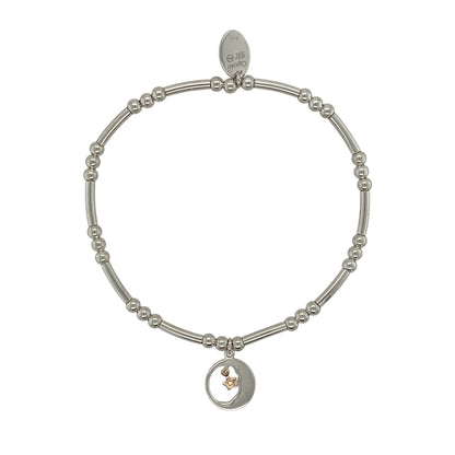 Bring celestial charm and signature Welsh style to your jewellery collection with this pre-owned 925 silver and 9ct rose gold Clogau Moon and Star Affinity stretchy beaded bracelet.

Design: The bracelet features delicate moon and star motifs, symbolising guidance, dreams, and connection, creating a subtle yet meaningful focal point.
Material: Made from sterling silver with 9-carat rose gold detailing, the contrasting tones add warmth and elegance in Clogau’s distinctive style.