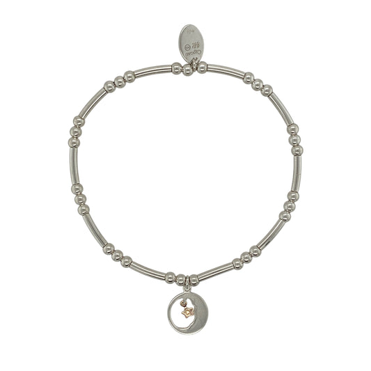 Bring celestial charm and signature Welsh style to your jewellery collection with this pre-owned 925 silver and 9ct rose gold Clogau Moon and Star Affinity stretchy beaded bracelet.

Design: The bracelet features delicate moon and star motifs, symbolising guidance, dreams, and connection, creating a subtle yet meaningful focal point.
Material: Made from sterling silver with 9-carat rose gold detailing, the contrasting tones add warmth and elegance in Clogau’s distinctive style.
