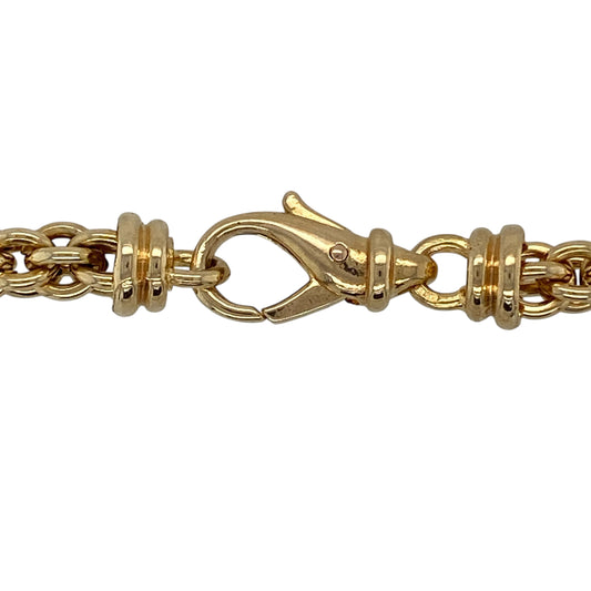 Bring bold presence and classic craftsmanship to your jewellery collection with this pre-owned 9ct yellow gold fancy belcher link style chain.

Design: The chain features a distinctive fancy belcher link design with a generous link width of approximately 6mm, creating a strong and eye-catching statement look.
Material: Made from 9-carat yellow gold, the warm polished finish enhances the decorative belcher links and rich gold tone.