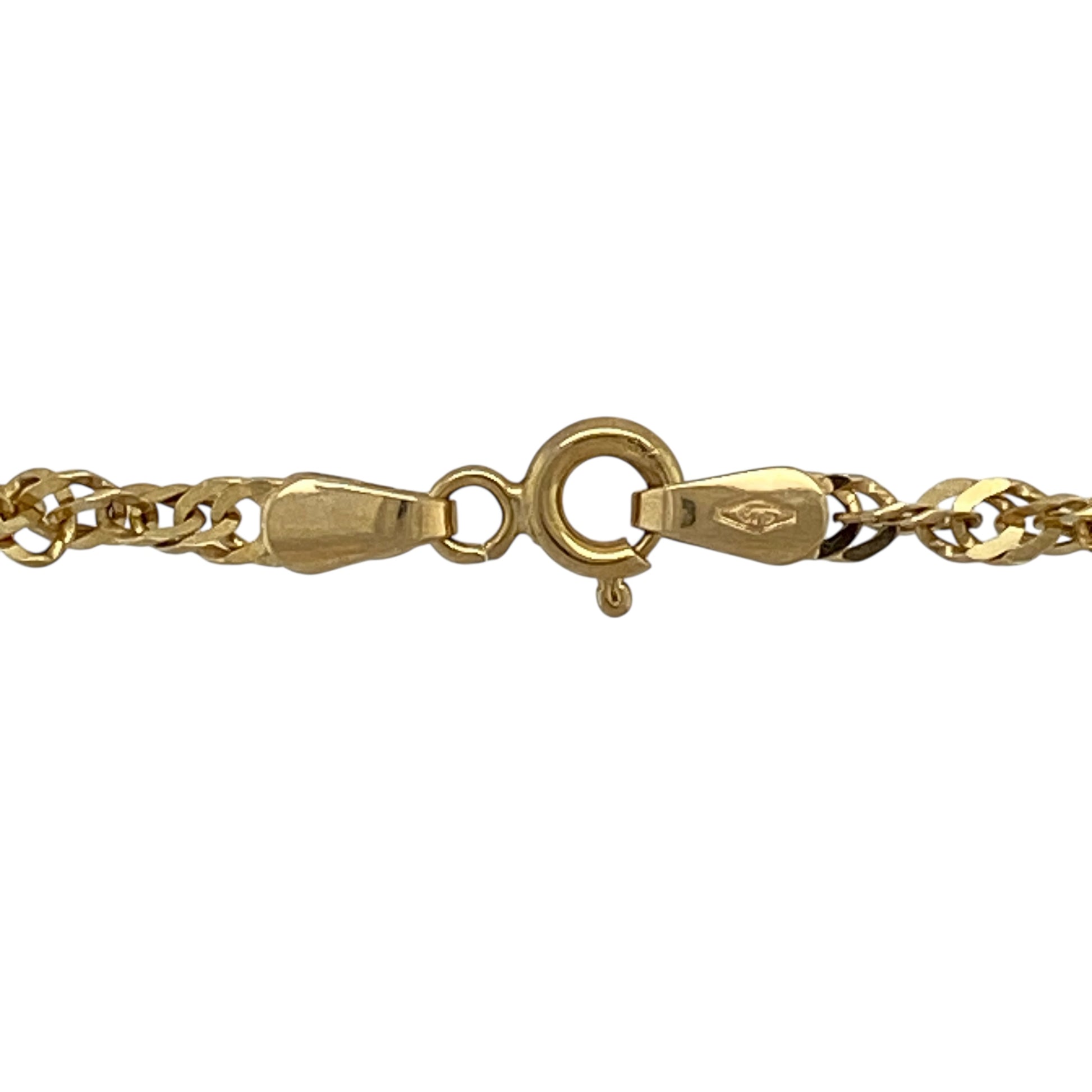 Bring elegant movement and eye-catching shine to your jewellery collection with this pre-owned 9ct yellow gold Singapore chain, offering a refined yet striking style that is perfect for statement wear or layering.

Design: The chain features the classic Singapore link, known for its twisted construction that reflects light beautifully, with a link width of approximately 3mm.
Material: Made from 9-carat yellow gold, the polished finish enhances the warm golden tone and dynamic sparkle of the chain.