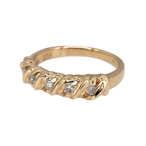 Preowned 9ct Yellow Gold & Diamond Set Band Ring in size M with the weight 2.80 grams. The front of the ring is 5mm wide and the band contains approximately 15pt of diamond content in total
