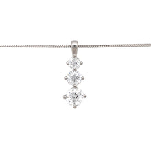 Load image into Gallery viewer, Preowned 9ct White Gold &amp; Cubic Zirconia Set Trilogy Pendant on an 18&quot; curb chain with the weight 3.10 grams. The pendant is 2.2cm long including the bail
