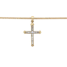 Load image into Gallery viewer, Preowned 9ct Yellow Gold &amp; Cubic Zirconia Set Cross Pendant on an 18&quot; curb chain with the weight 3.10 grams. The pendant is 2.6cm long including the bail
