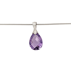 Preowned 9ct White Gold & Amethyst Drop Pendant on a 20" curb chain with the weight 7.60 grams. The amethyst is approximately 20mm by 16mm