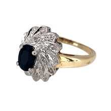 Load image into Gallery viewer, Preowned 9ct Yellow and White Gold Diamond &amp; Sapphire Set Swirl Cluster Ring in size N with the weight 4 grams. The sapphire stone is 7mm by 5mm
