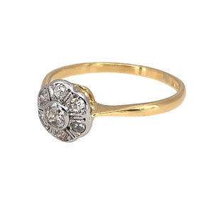 Preowned 18ct Yellow Gold & Platinum Diamond Flower Cluster Ring in size O with the weight 2.10 grams. The front of the ring is 9mm high