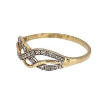 Load image into Gallery viewer, Preowned 9ct Yellow Gold &amp; Diamond Set Open Swirl Band Ring in size N with the weight 1.10 grams. The front of the ring is approximately 5mm wide
