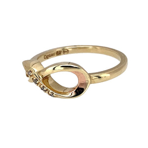 Preowned 9ct Yellow and Rose Gold & Diamond Set Clogau Infinity Symbol Ring in size N with the weight 2.70 grams. The widest part of the infinity symbol is 7mm wide