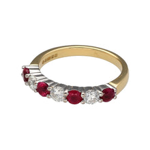 Load image into Gallery viewer, Preowned 18ct Yellow and White Gold Diamond &amp; Ruby Set Band Ring in size M with the weight 4 grams. The ruby stones are each 3mm diameter. There are three diamond stones are each 14pt with approximate clarity Si2 and colour K - M. There is approximately 42pt of diamond content in total
